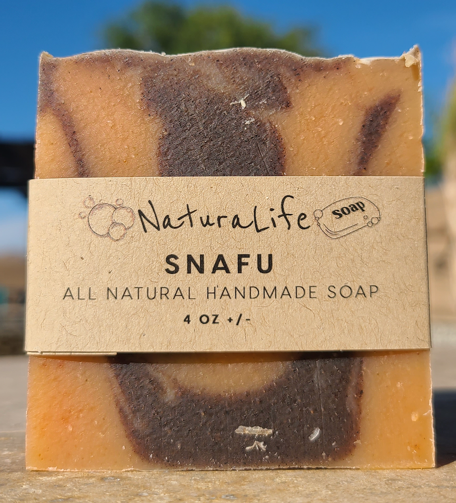 Shea Based Cold Processed All Natural Soap - SNAFU - Orange - Clove - Ginger - Light Grit in the Cinnamon Coloring